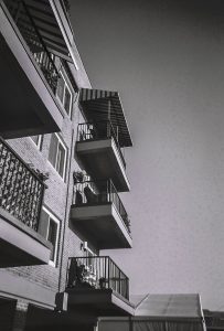 film photo of a building's balcony