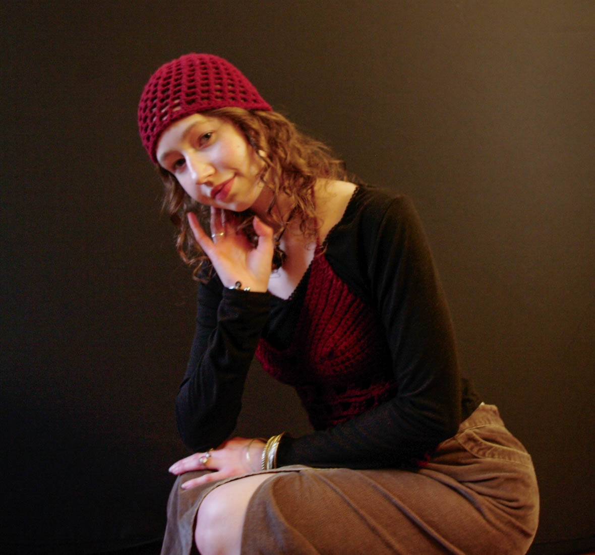 model wearing handmade crochet piece
