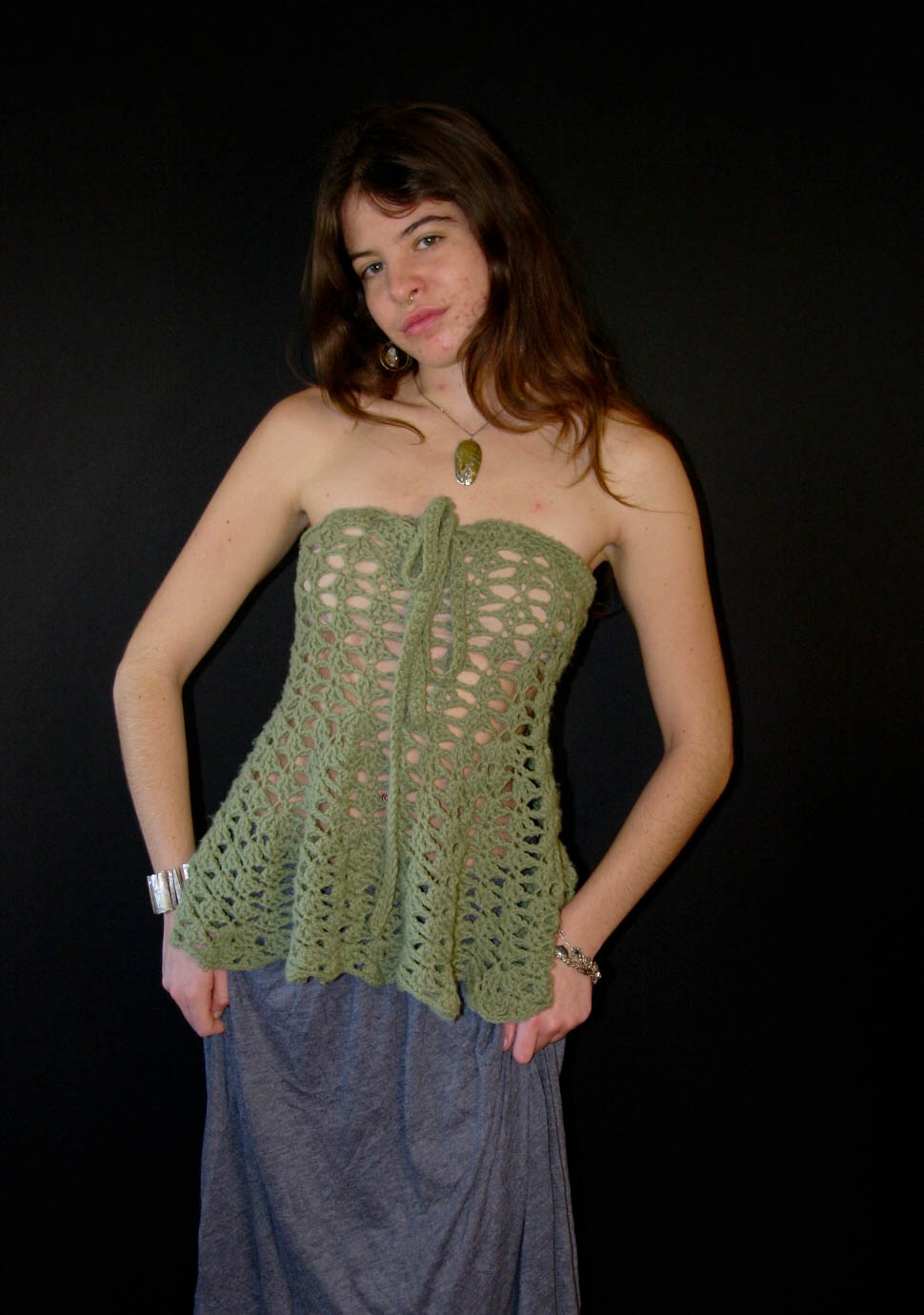 model wearing handmade crochet piece