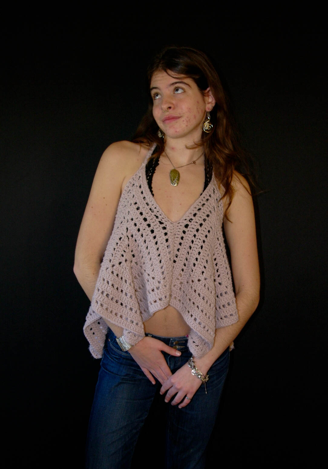 model wearing handmade crochet piece