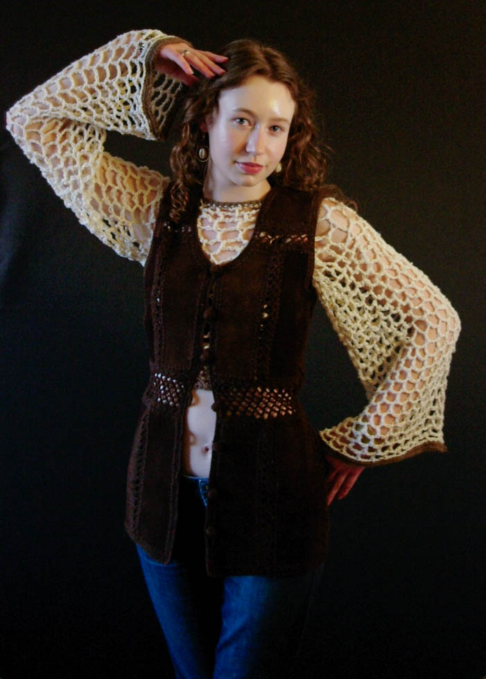 model wearing handmade crochet piece