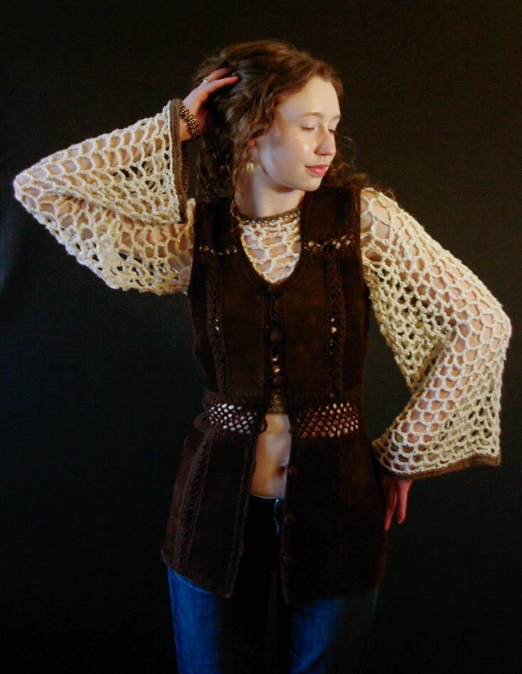 model wearing handmade crochet piece
