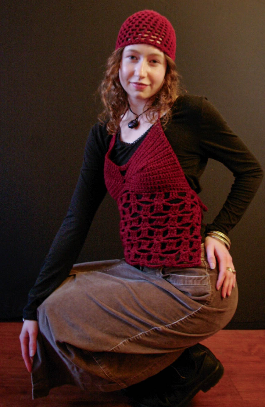 model wearing handmade crochet piece